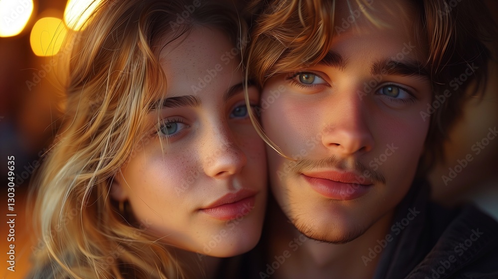 A young couple with striking blue eyes and blonde hair smiling closely together under the glow of warm bokeh lights A young couple with striking blue eyes and blonde hair smiling closely together under the glow of warm bokeh lights