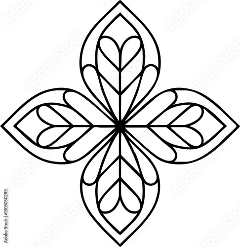 Intricate Black Line Mandala Design Featuring Leaf Patterns - Ideal for Art, Tattoos, and Decoration