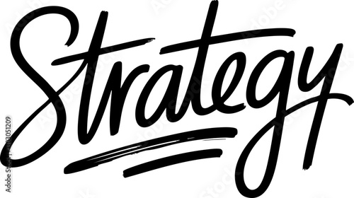 Stylish black vector typography design saying 'Strategy' with dynamic strokes, perfect for marketing and business themes.
