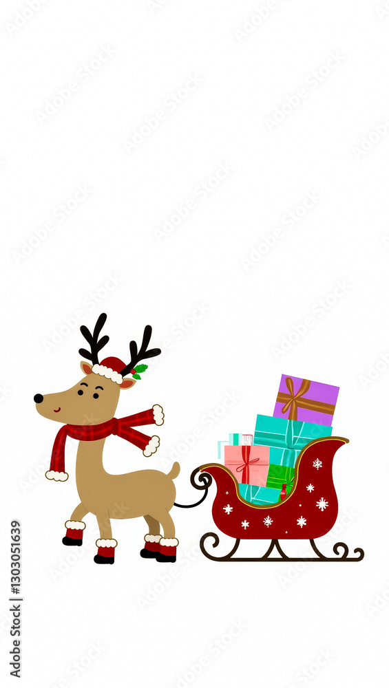 Fototapeta premium reindeer in santa hat pulling a sleigh full of gifts
