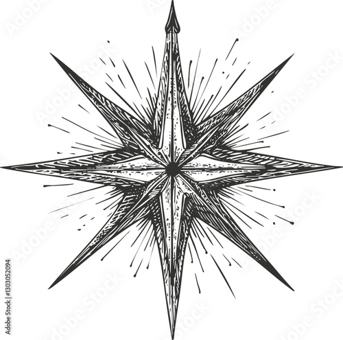 Vintage nautical compass star illustration in black and white design.