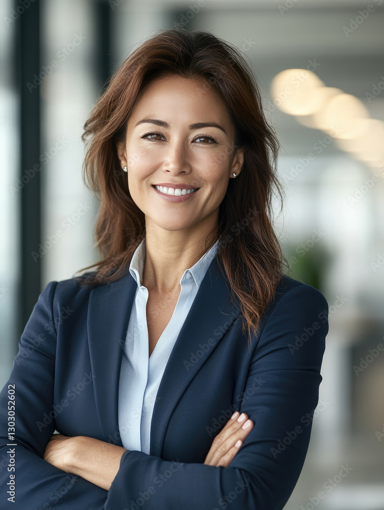 A confident woman dressed in professional attire smiles warmly in a modern office space, showcasing her approachable nature and business acumen. A confident woman dressed in professional attire smiles warmly in a modern office space, showcasing her approachable nature and business acumen.