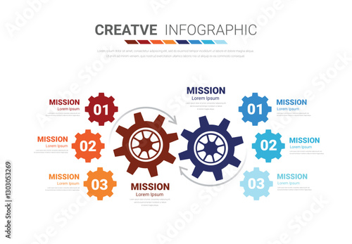 Industry presentation model with gears cogwheels 6 steps. Concept of coordinated work, mechanical process, functioning mechanism. Modern infographic design.