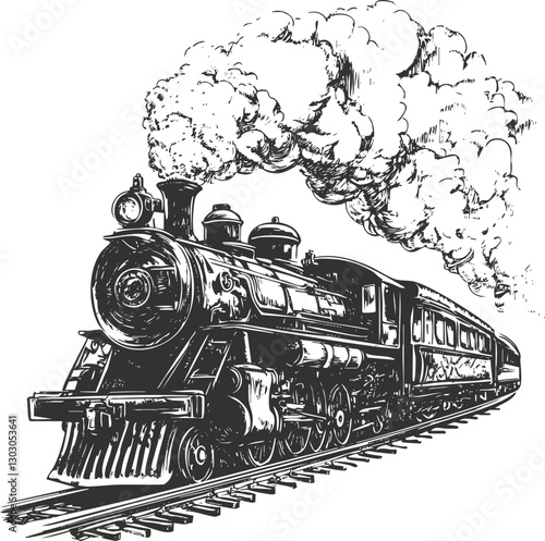 Vintage steam locomotive illustration with smoke on a railway track.