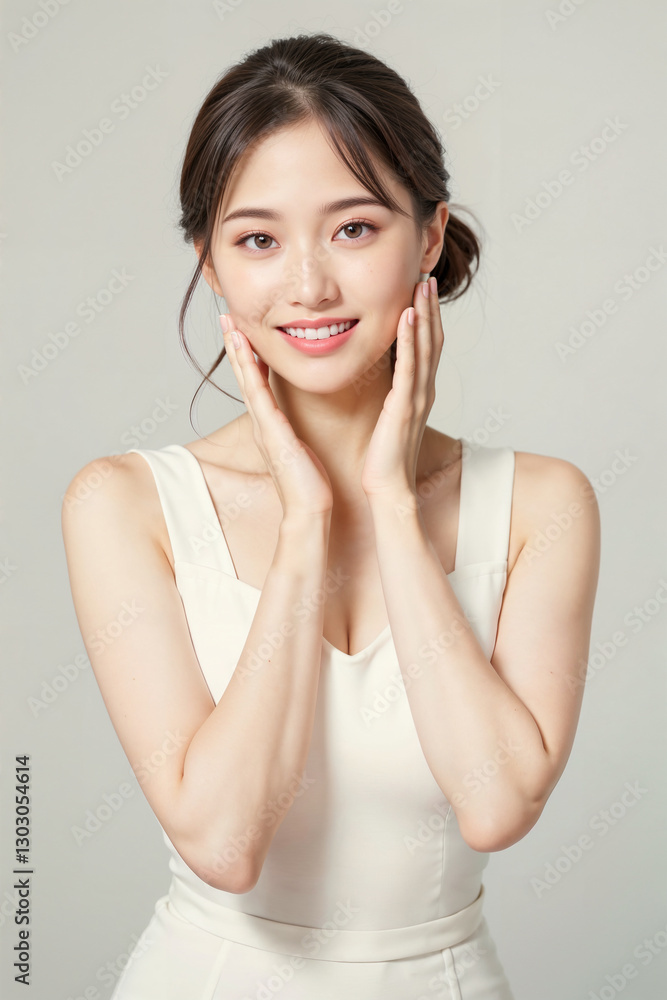 A woman with a white dress and a smile on her face A woman with a white dress and a smile on her face