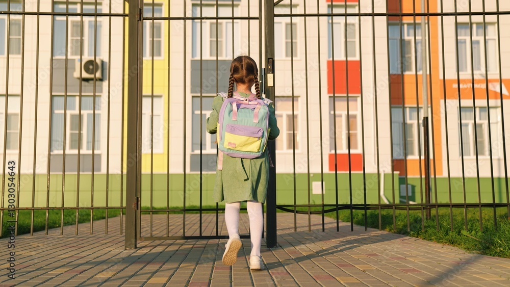 small child with backpack his shoulders goes school lesson. Happy childhood little girl daughter. school bag shoulders small child. education young students. daughter with backpack goes class first small child with backpack his shoulders goes school lesson. Happy childhood little girl daughter. school bag shoulders small child. education young students. daughter with backpack goes class first