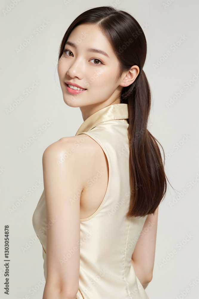 A woman with long hair is wearing a white dress and smiling