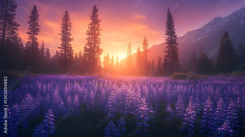 Obraz premium Mountain landscapes glow with sunrise and sunset, reflecting sun and mist on river and lake