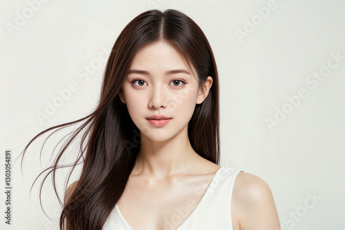 A woman with long brown hair and a white tank top