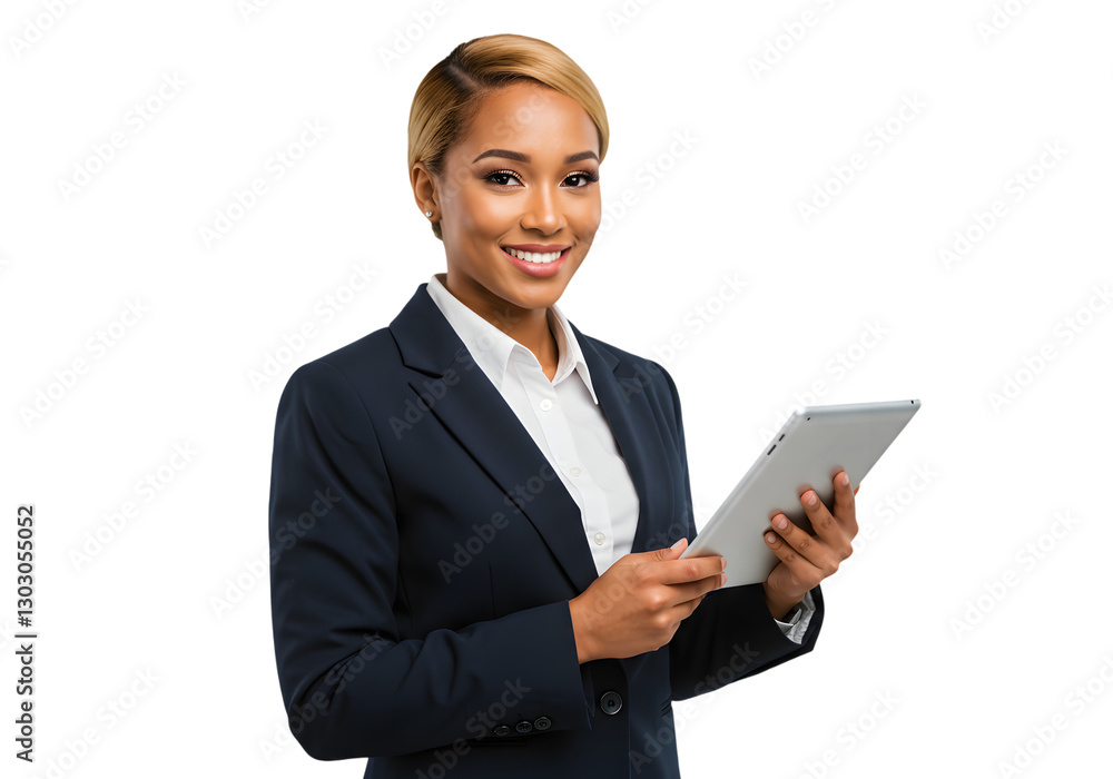 Confident Businesswoman Holding a Digital Tablet Isolated on a Transparent Background PNG. Confident Businesswoman Holding a Digital Tablet Isolated on a Transparent Background PNG.