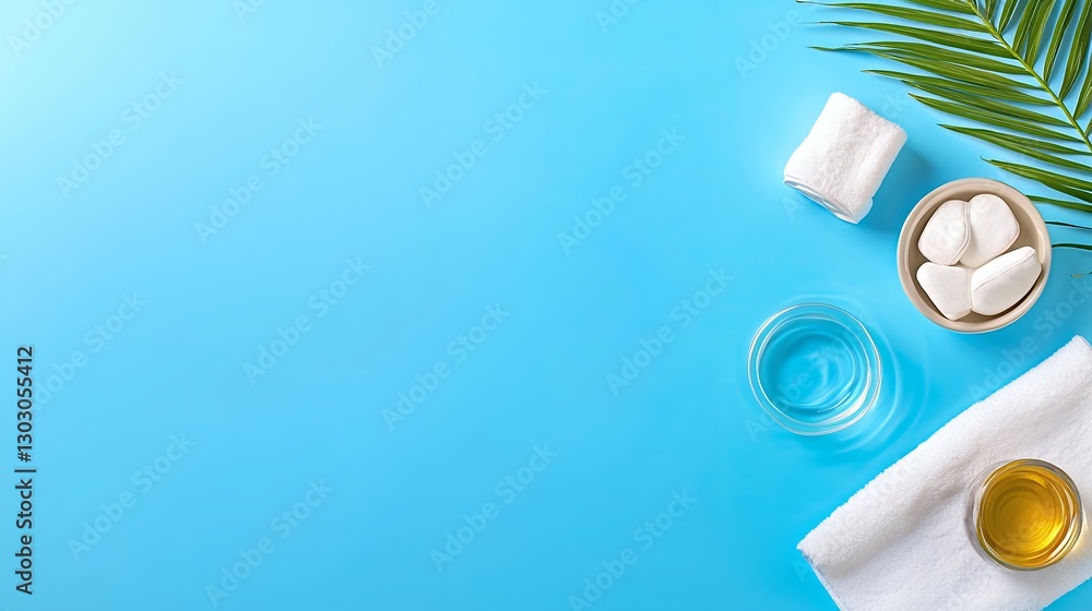Azure Background Spa Composition With White Towels And Bowls Azure Background Spa Composition With White Towels And Bowls