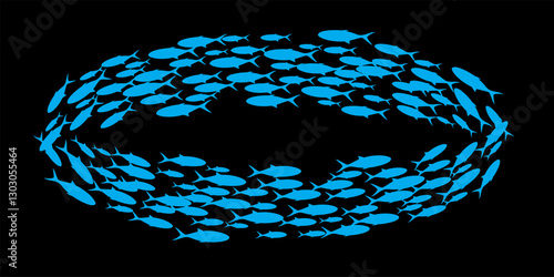 Fish group swimming. School of blackfish. Silhouettes of blue fishes isolated on black background. Abstract vector illustration.