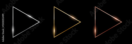 Gold, silver and bronze triangle frames. Metal thin play buttons isolated on black background. 3d realistic empty template vector illustration set.