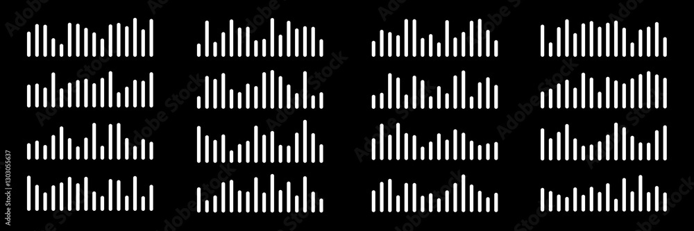 Sound waves set. Music audio frequency, voice waveform, electronic radio signal, volume level, track symbol. Various noise pulses white lines isolated on black. Abstract vector background. Sound waves set. Music audio frequency, voice waveform, electronic radio signal, volume level, track symbol. Various noise pulses white lines isolated on black. Abstract vector background.