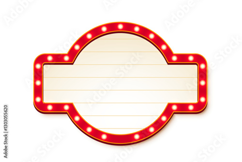 Retro casino light sign on white background. Circus frame with glowing light bulbs and place for text. Cinema or theater banner. UI interface element. Vector illustration.