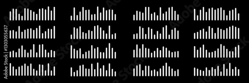 Sound waves set. Music audio frequency, voice waveform, electronic radio signal, volume level, track symbol. Various noise pulses white lines isolated on black. Abstract vector background.