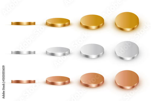 Gold., silver and bronze podiums. 3d round metal platforms for product presentation or winner award ceremony in different angles view. Empty stages on white background. Vector illustrations set.