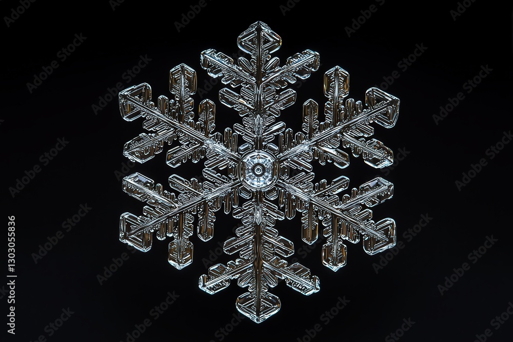 Close-up of intricate snowflake on black background showcasing natural symmetry and beauty Close-up of intricate snowflake on black background showcasing natural symmetry and beauty
