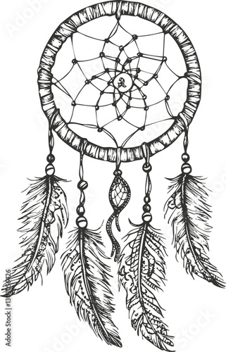 Black and white illustration of a dreamcatcher with feathers and intricate design.