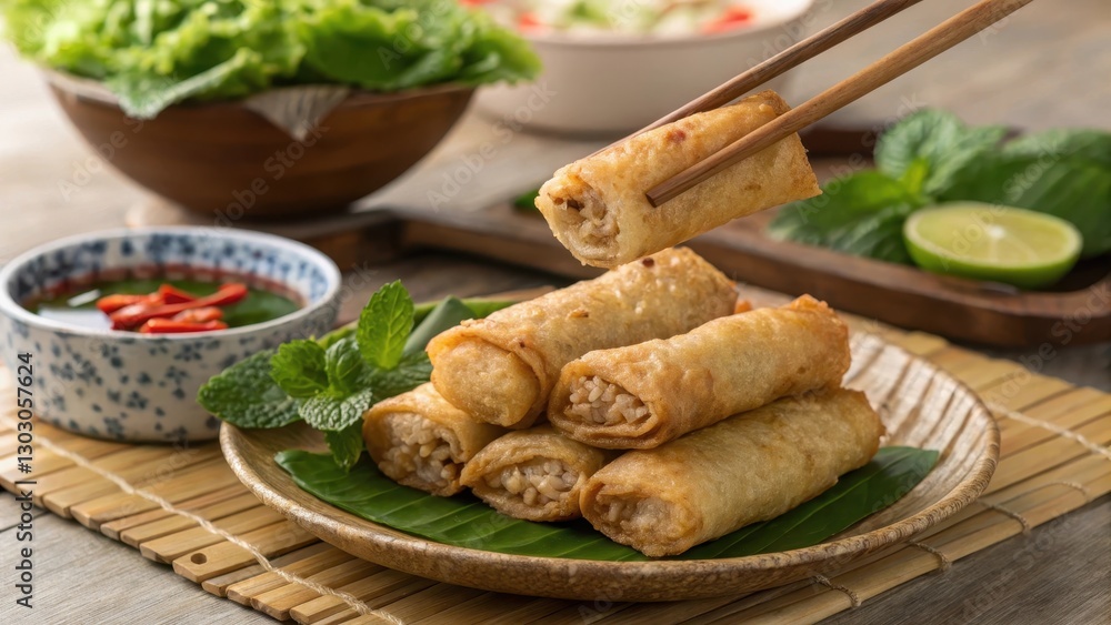 Golden-Brown Egg Rolls Garnished with Fresh Mint and Dipping Sauce Golden-Brown Egg Rolls Garnished with Fresh Mint and Dipping Sauce