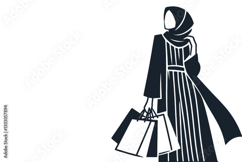 Minimalistic Arab woman in hijab with shopping bags, stylish and simple. space for text