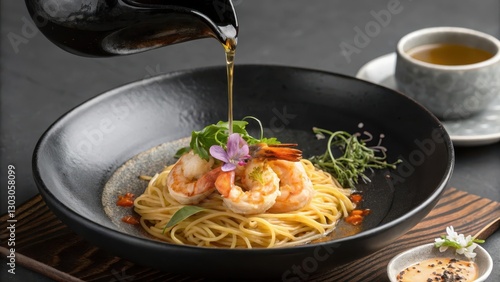 Minimalist Pasta Dish with Saut?ed Shrimp and Sauce on Dark Wooden Surface