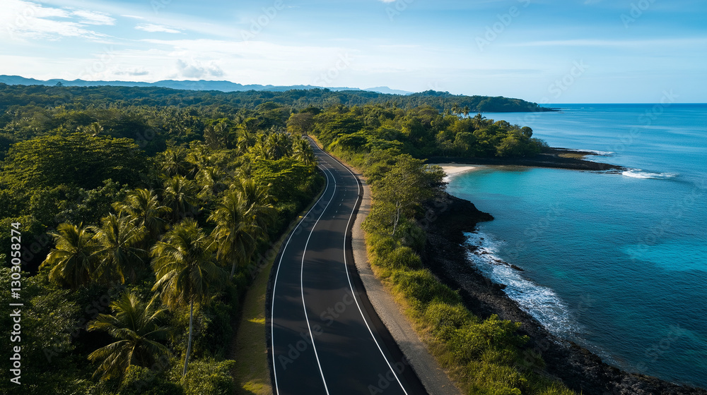 Fototapeta premium An idyllic tropical island setting with a smooth coastal road meandering through palm forests, past secluded beach coves with crystal-clear waters and colorful coral reefs nearby.