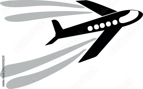 Silhouette of flying schematic cartoon airplane polluting the air with fuel emissions