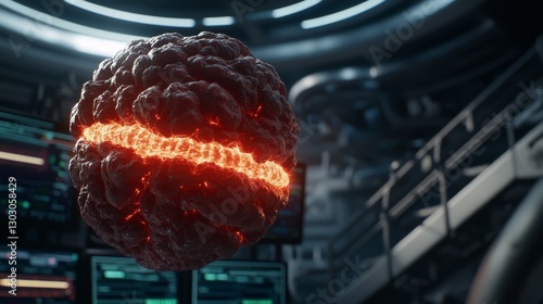 Glowing sphere in a futuristic technology environment.