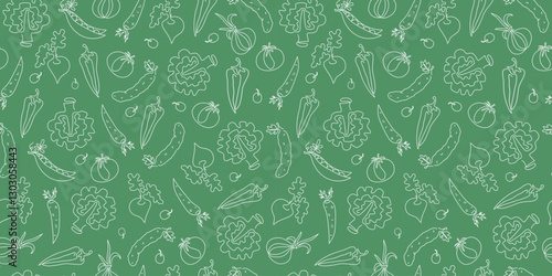 Vegetables. Seamless pattern. Line art drawing. World vegan day. Food, natural, vegetarian. Farmers market and diet concept. Harvest. Vector repeating background.