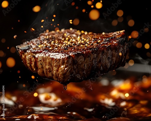 Juicy Steak Levitates over Fire, Dark Background