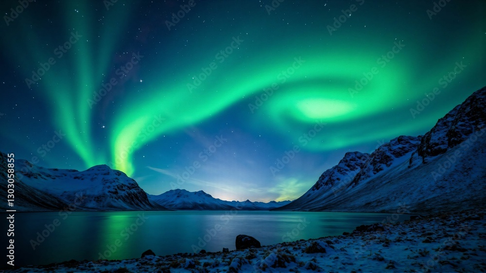 Naklejka premium Stunning Aurora Over Arctic Mountains – A Majestic Display of Winter's Natural Beauty Under a Starry Night Sky
