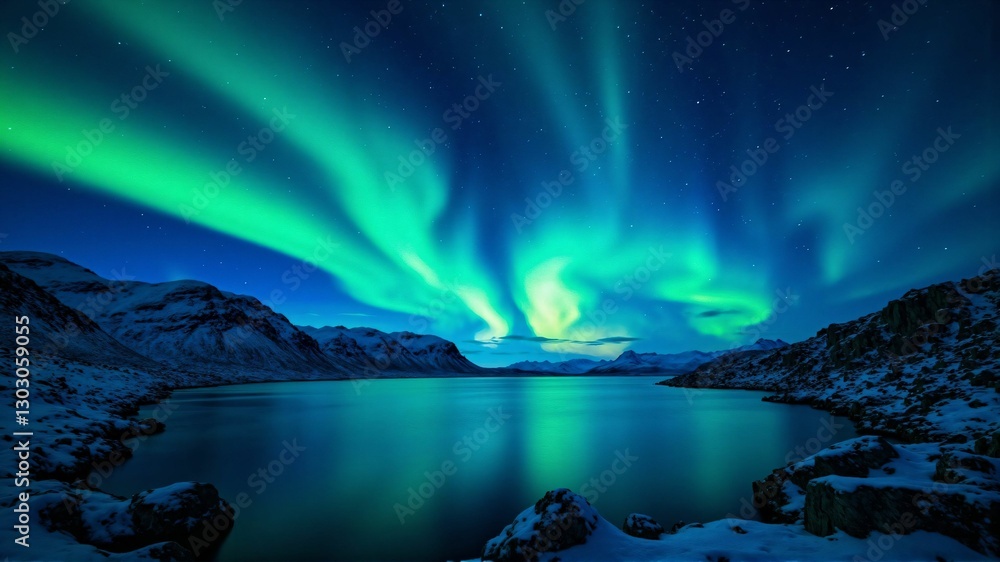 Naklejka premium Stunning Aurora Over Arctic Mountains – A Majestic Display of Winter's Natural Beauty Under a Starry Night Sky