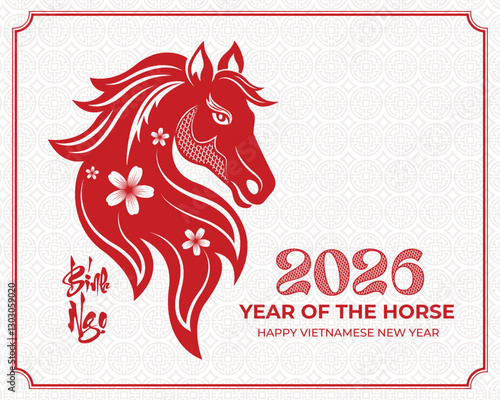 Horse Lunar New Year themed paper graphic with oriental peach blossoms and 2025 horse. Year of the horse zodiac sign (Translation : Happy new year )