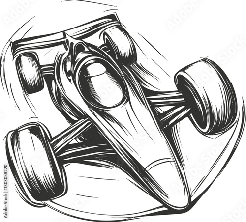 Black and white sketch of a high-speed racecar illustration.