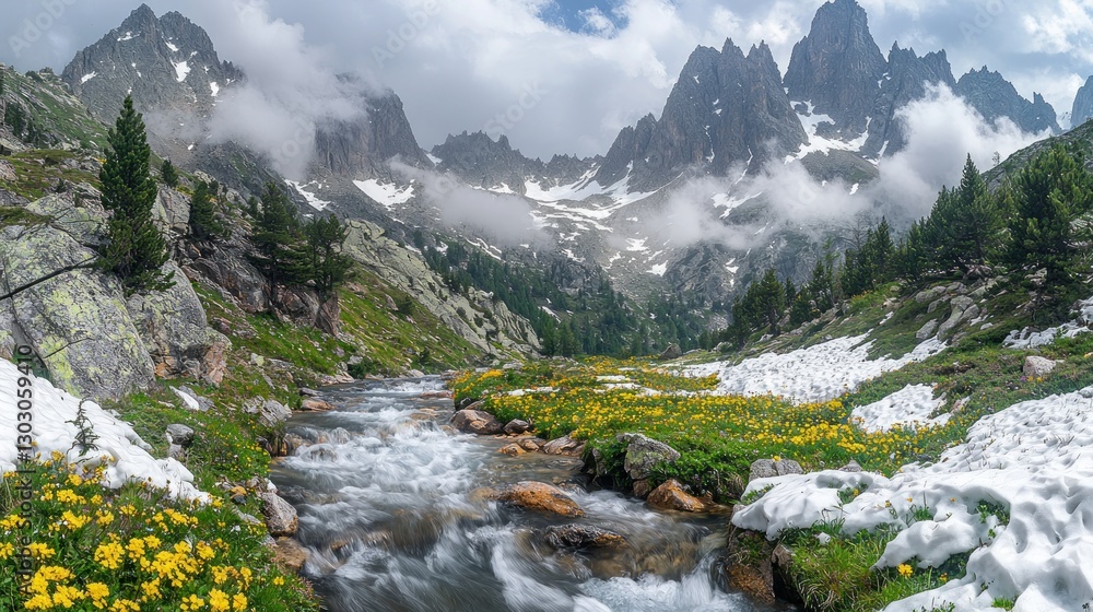 Obraz premium Mountain stream flowing through alpine meadow, dramatic peaks, cloudy sky