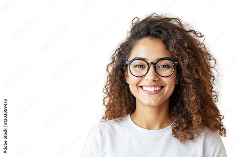 Obraz premium Curly haired person in white shirt, photo style, white background, concept of fashion. Ai generative