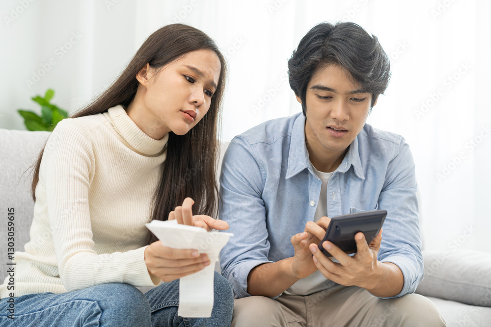 Stressed financial owe asian young couple love hand in holding bills, sitting on sofa together, stressed and confused by calculate expense, mortgage or loan. Debt, bankrupt or bankruptcy people. Stressed financial owe asian young couple love hand in holding bills, sitting on sofa together, stressed and confused by calculate expense, mortgage or loan. Debt, bankrupt or bankruptcy people.