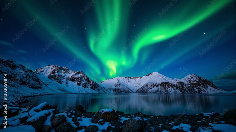 Naklejka premium Stunning Aurora Over Arctic Mountains – A Majestic Display of Winter's Natural Beauty Under a Starry Night Sky