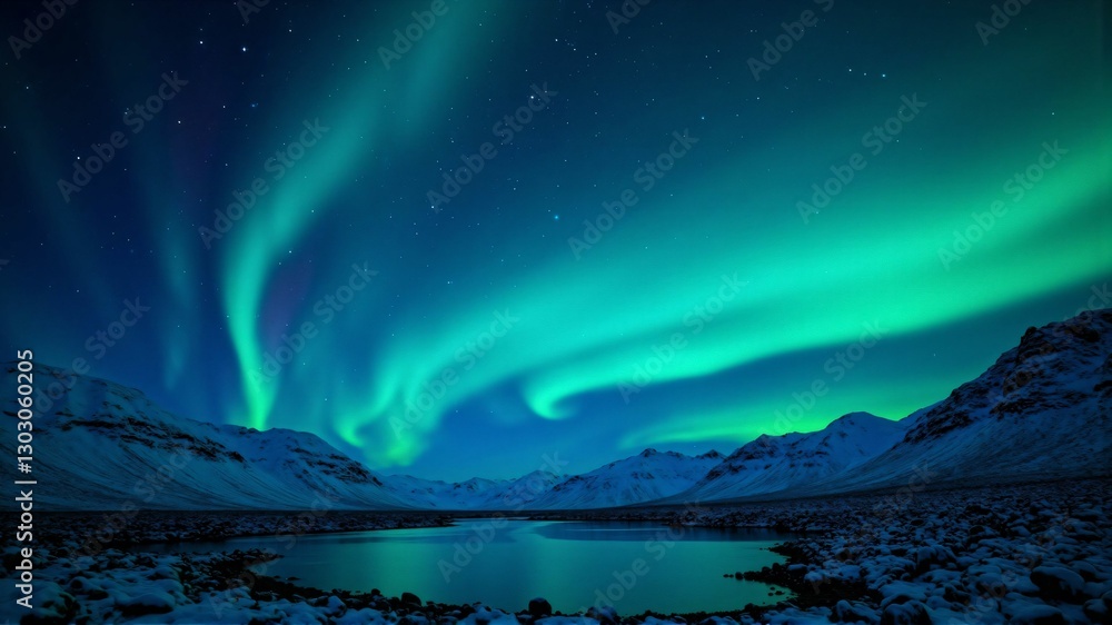 Naklejka premium Mesmerizing Northern Lights Reflected Over a Frozen Arctic Lake – A Spectacular Natural Phenomenon Under the Night Sky
