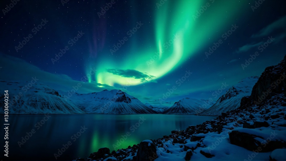Naklejka premium Mesmerizing Northern Lights Reflected Over a Frozen Arctic Lake – A Spectacular Natural Phenomenon Under the Night Sky