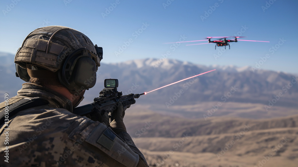 A soldier aims an advanced, lightweight laser weapon system, targeting a drone in the sky for precision strike capabilities. A soldier aims an advanced, lightweight laser weapon system, targeting a drone in the sky for precision strike capabilities.