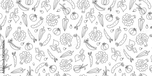 Vegetables, line art drawing. Seamless pattern. World vegan day. Food, natural, vegetarian. Farmers market and diet concept. Harvest. Vector repeating background.