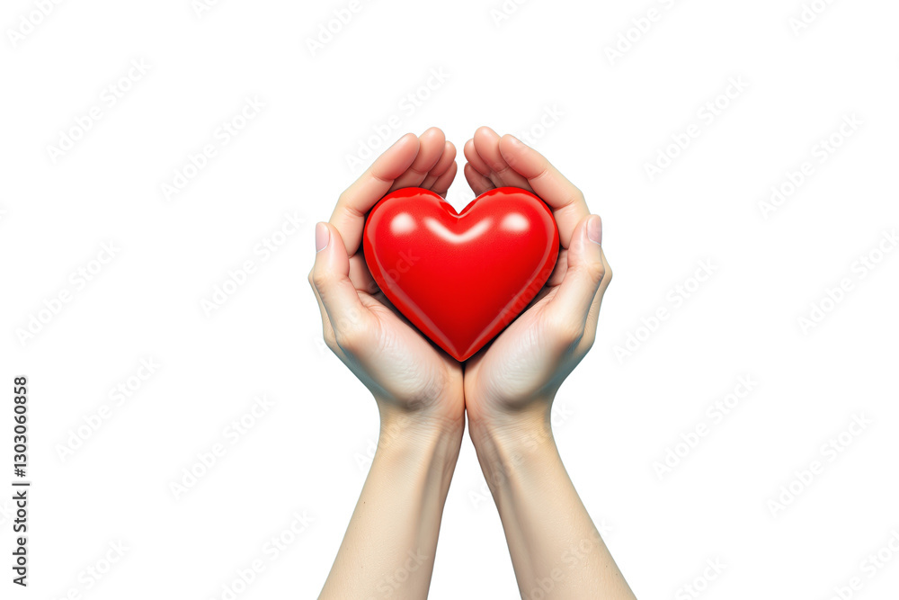Obraz premium Hands holding a red heart, realistic style, white background, concept of love. Ai generative