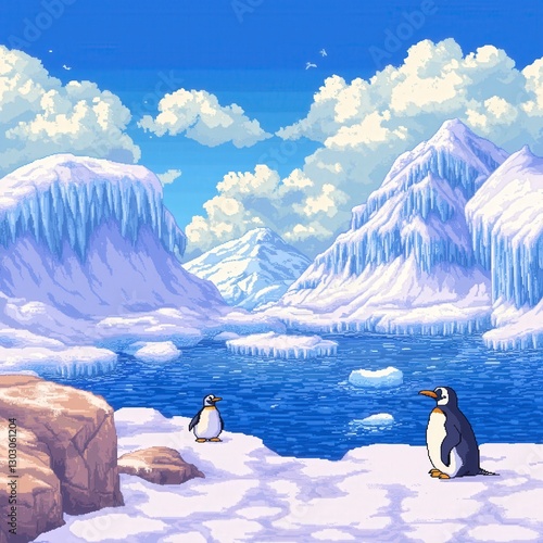 Pixel Art Serene Antarctic Scene with Penguins Surrounded by Ice and Snowy Mountains