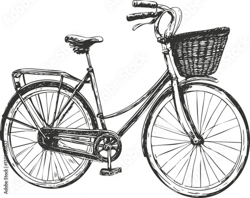Vintage bicycle sketch with basket and classic design elements.
