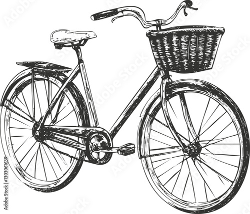 Vintage bicycle illustration with basket in monochrome sketch style.
