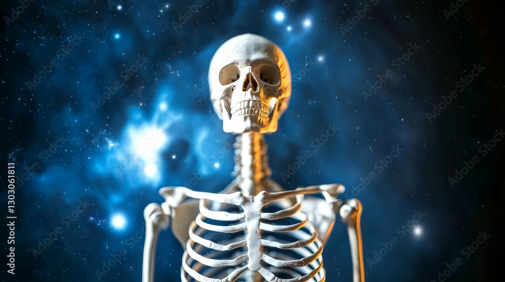 human figure and sketch concept. Skeleton against a cosmic background, illustrating themes of anatomy and the universe. human figure and sketch concept. Skeleton against a cosmic background, illustrating themes of anatomy and the universe.