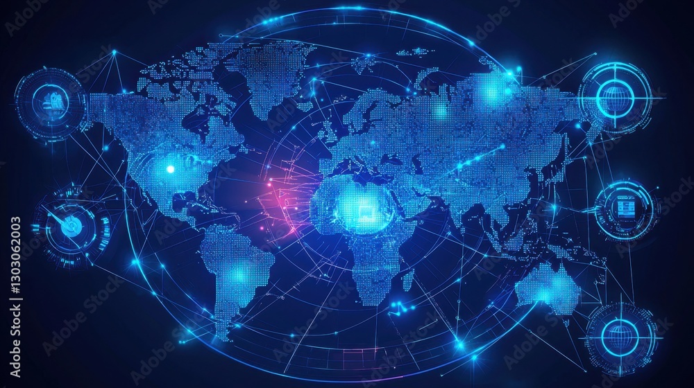 Obraz premium Business technology integration with a futuristic world map displaying AI trade insights.