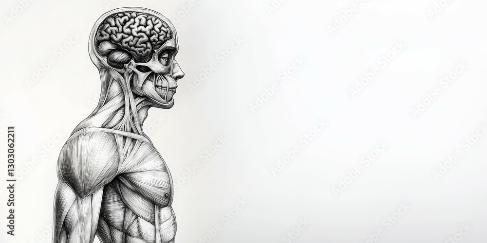 human figure and sketch concept. Human anatomy illustration featuring a detailed profile of a skeletal figure with a visible brain. human figure and sketch concept. Human anatomy illustration featuring a detailed profile of a skeletal figure with a visible brain.